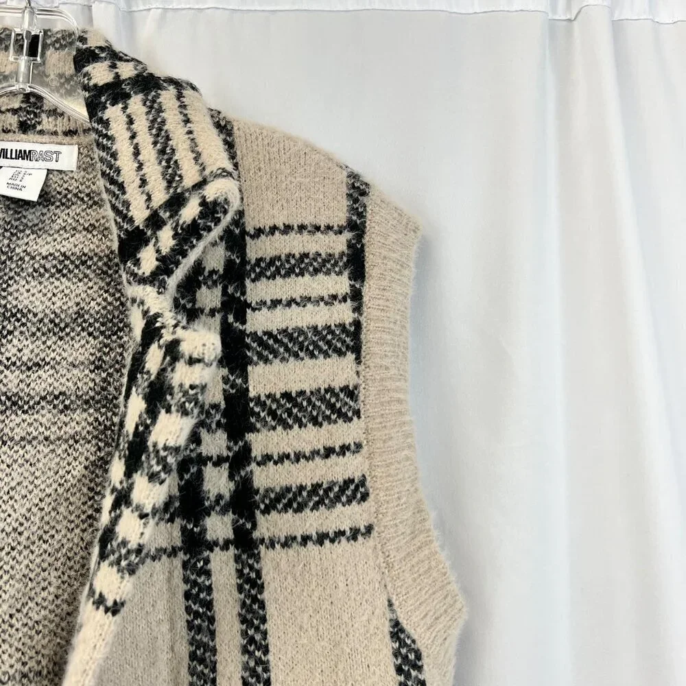 William Rast Sleeveless Collared Cardigan Beige/Black Plaid Size Small Fuzzy